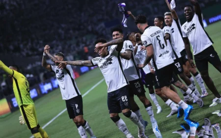 Botafogo contrata jogador campeão da Libertadores pelo Flamengo; entenda Jogadores do Botafogo comemoram vitoria ao final da partida contra o Palmeiras no estadio Arena Allianz Parque pelo campeonato Copa Libertadores 2024. Foto: Ettore Chiereguini/AGIF