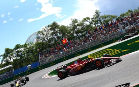 Ferrari vira página de GP do Canadá zerado e promete ‘retomar ritmo’ na Espanha Ferrari durante o GP do Canadá (Foto: CLIVE ROSE/ AFP)